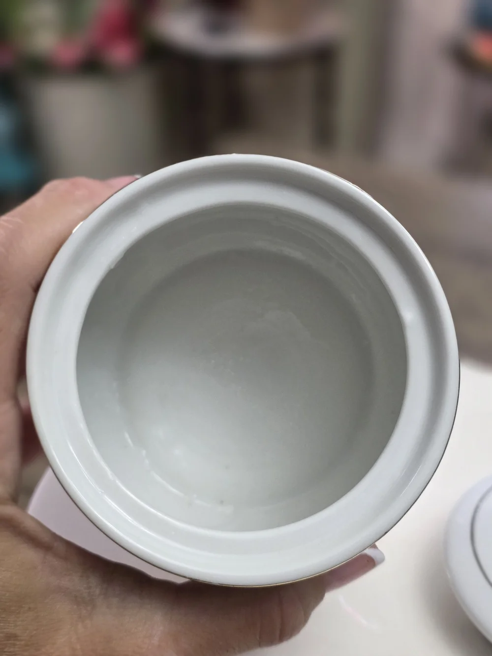 Porcelain Sugar Bowl with Pink Rose Motif - White and Gold Accent